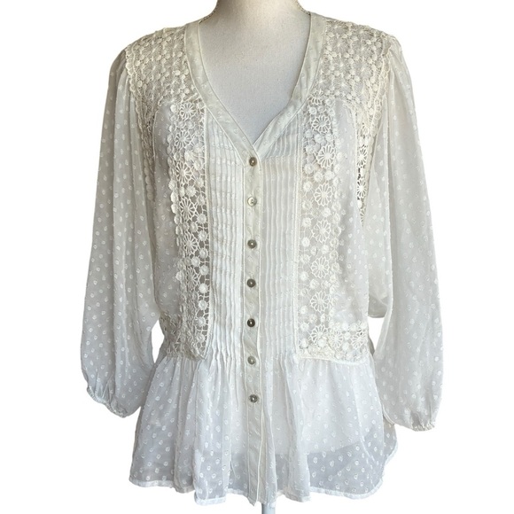 Meadow Rue Victorian Pleated Lace Swiss Dot Peplum Blouse Medium - Picture 8 of 14